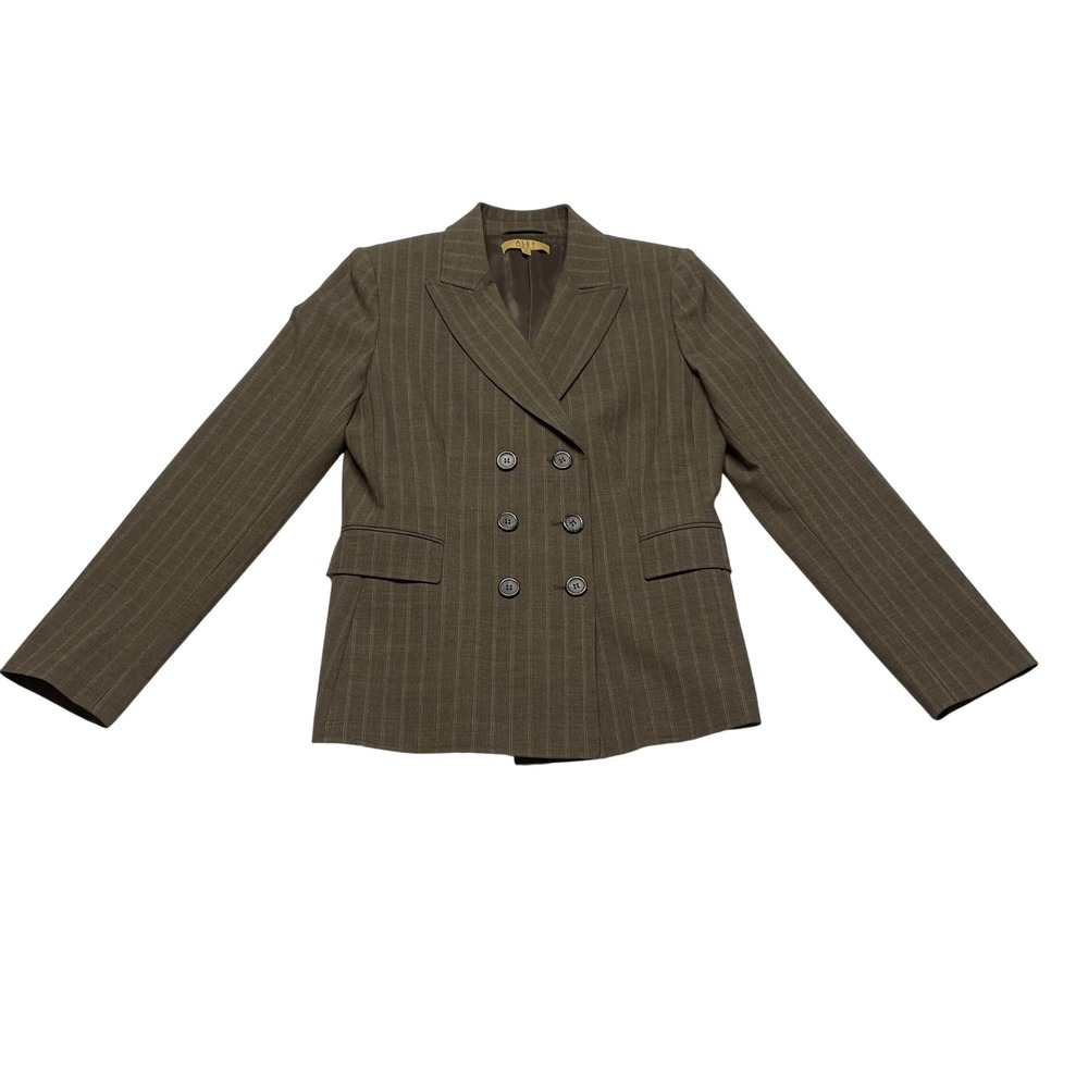 Alex Marie Double Breasted Womens Blazer 8 Brown Wool Blend Pinstriped‎ Lined